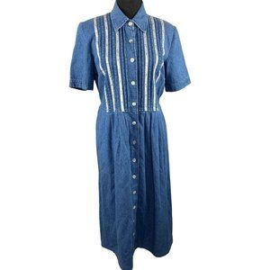 Vintage Modest Denim Maxi Dress size 12 Leslie Belle Floral Ribbon Button Front